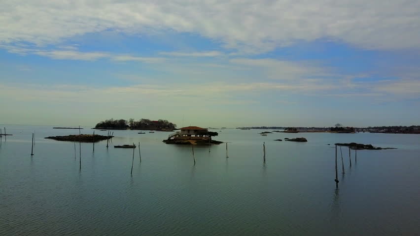 Aerial view of small islands called the Thimble Islands located in Branford, CT.  