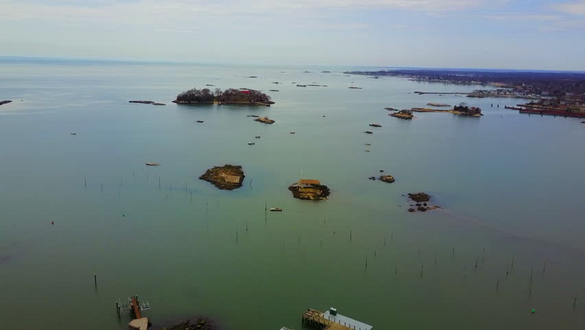 Aerial view of small islands called the Thimble Islands located in Branford, CT.  