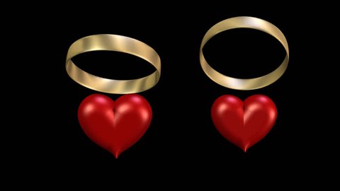 Funny 3D Valentine's Day animation. Jumping hearts through the wedding rings, loopable.