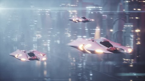 Futuristic 3d scene, the flight of aircraft on the tech city in the fog