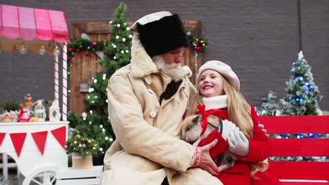 Cute girl in red coat is holding mini pig , and listenning her grandpa with a smile. Her whitebearded grandfather is hugging her and telling stories. Christmas fair decorations