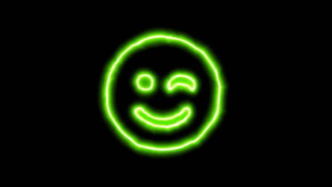 The appearance of the green neon symbol smile wink. Flicker, In - Out. Alpha channel Premultiplied - Matted with color black