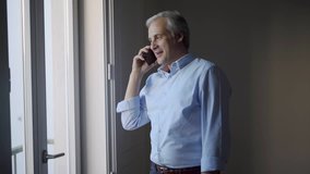 Positive mid adult man chatting on phone. Smiling middle aged man standing by window indoors and talking on cell. Communication concept