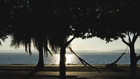 swing or cradle hang on the tree beautiful sunrise at  Pa Sak Jolasid Dam Thailand. nature video background
