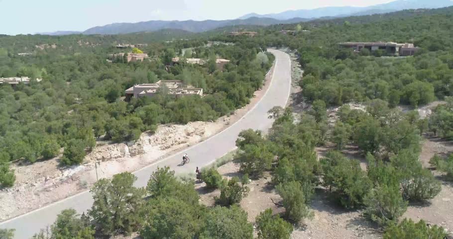 Aerial footage of Santa Fe New Mexico foothills residential houses