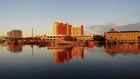 4K HD Drone Video of Hotel in Downtown Wilmington, NC Beautiful Lighting and Water Reflection