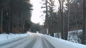 Herd of Deers running across snowy road. Dangerous situation from winter traffic in National park Sumava, Czech Republic, Europe. Video from action camera with engine sound.