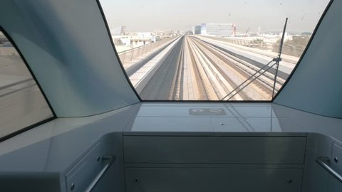 Interior VIP wagon Dubai Metro. Improved seats, the lack of a crowd of people, the view ahead instead of the driver. The Dubai Metro is a driverless, fully automated metro rail network in the city of Dubai