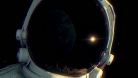 A fantastic explosion of colorful bright smoke enveloping the astronaut in outer space, surrealism, the planet Earth is reflected in the helmet of a spacesuit. Cinematic slow motion 4k video