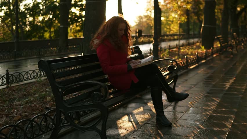 Young lady is reading a book, red head lovely girl is sitting on park bench, autumn colourful scene, lens flares, relax in city park. Overview footage