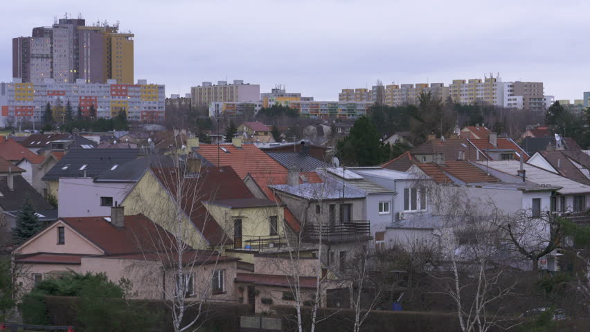 Top View Of Private Sector Roofs with Chimney  on roofs. Set. 