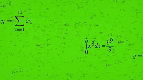 Background with flying formulas and equations on green screen