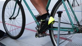 Cyclist Ties Toe Clips Pedals Vintage Bicycle On Velodrome Track Start Gate