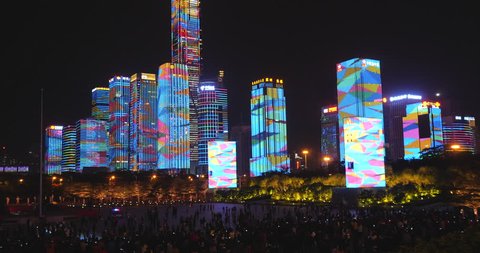 Shenzhen/China- December 11 2018: time lapse of light show in Shenzhen China, beautiful China Cityscape at night 2018