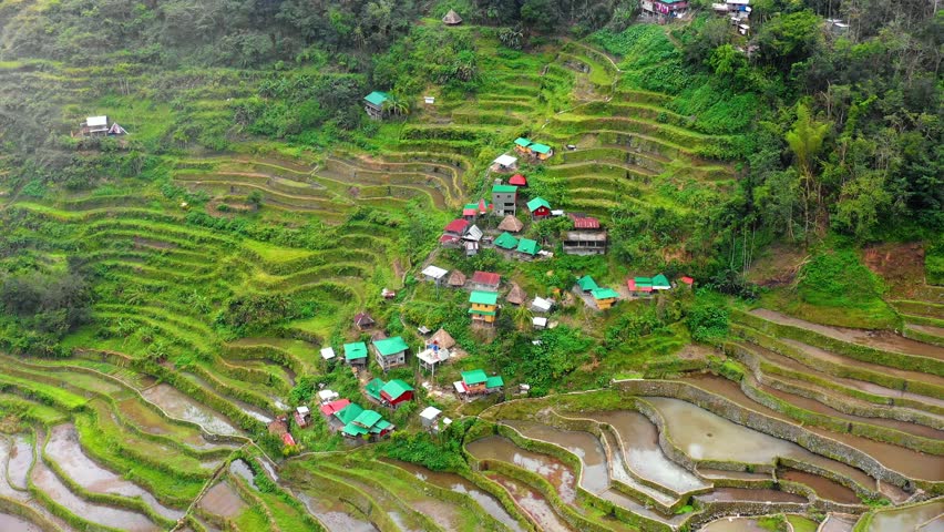 rice terrace with village in aerial view, Philippines