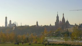 Panorama of the Kremlin, and Saint Basil Cathedral on a sunny morning, Moscow, Russia 4K UHD video
