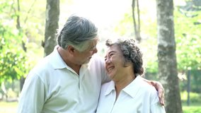 Happy love Elderly couple smiley face, Senior couple old man and senior woman relaxing hug in a forest - lifestyle senior concept Video footage 4k