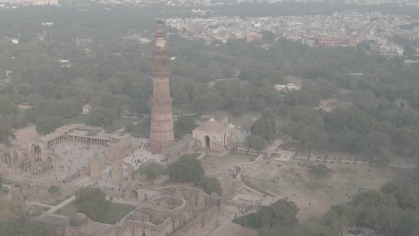 Qutb Minar, India, Delhi, Aerial 4k ungraded/flat