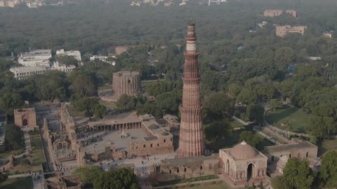 Qutb Minar, India, Delhi, Aerial 4k ungraded/flat