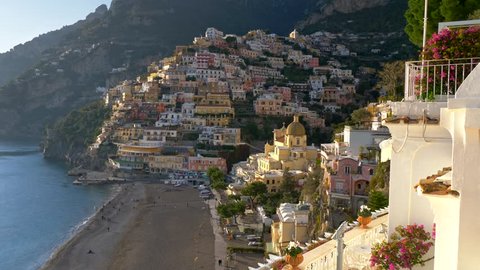 Positano, Italy. Gimbal shot of spring Positano village in Amalfi Coast, Salerno.