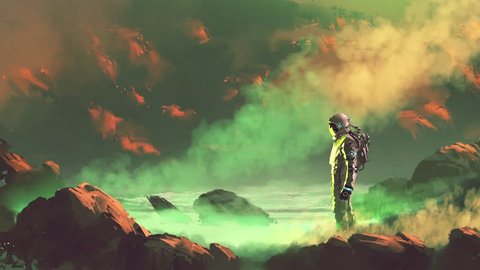 the astronaut standing on glowing swamp, seamless loop animation, digital art sci-fi concept with cinemagraph style