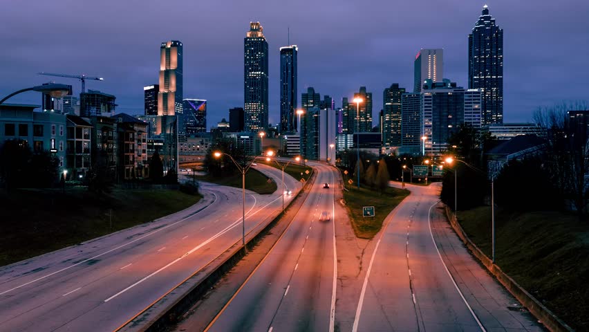 Time lapse video of car traffic moving in downtown Atlanta at night. Georgia, USA 