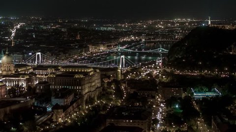 Establishing Aerial View of Budapest, River Dunabe and Bridges at night, Hungary