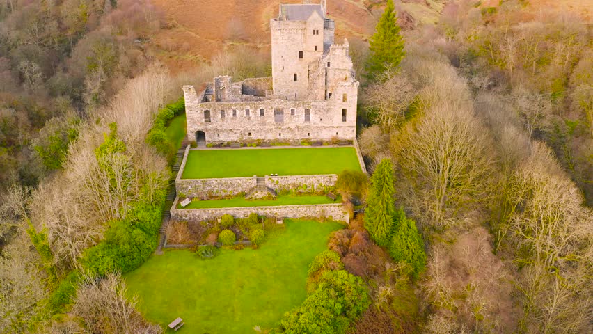Aerial view of Medieval Castle Campbell ruin at Glen Dollar, Clackmannanshire, Scotland.