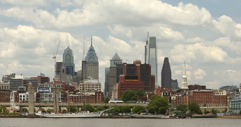 Philadelphia, Pennsylvania, USA - June 26, 2018: Philadelphia cityscape skyline over the Delaware River in Pennsylvania USA