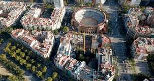 View from drone of cityscape of Sant Cugat del Valles with ancient Monastery in summer day, Spain