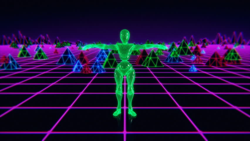 Futuristic robot dancing in abstract virtual environment. Cyborg dancing. Loopable seamless video. Perfect for stage, event, party, concerts, VJ, ect. Retrowave, tech noir, 80s, Sci Fi, VHS look.