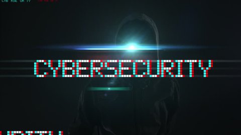Cybersecurity concept with faceless hooded male person, low key footage with digital glitch effect
