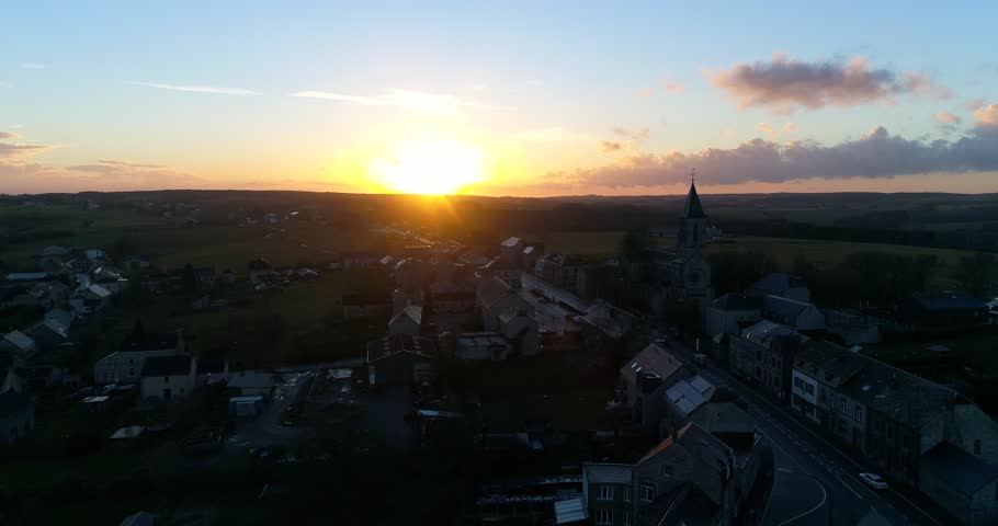 Aerial view sunset countryside Belgium