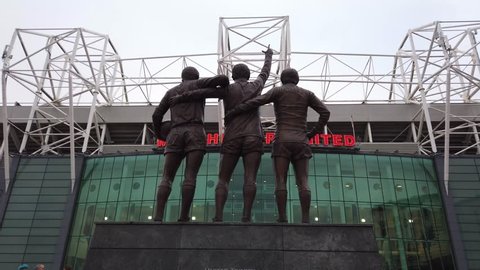 United Trinity statue at Manchester United Football Ground in Old Trafford - MANCHESTER / ENGLAND - JANUARY 1, 2019