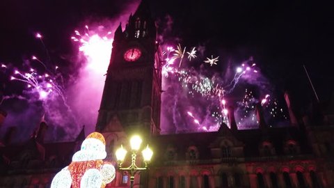 New Years Eve fireworks at Manchester Town Hall - MANCHESTER / ENGLAND - JANUARY 1, 2019