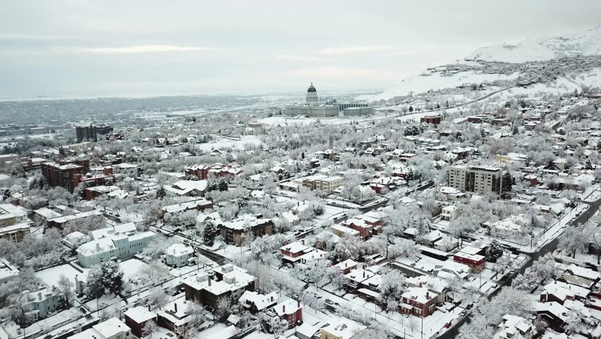 Salt Lake City, Utah snowy winter drone landscape views