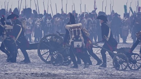 Austerlitz, Czech Republic - December 1st 2018: Napoleon army soldiers with artillery cannon