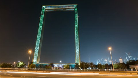 Dubai Frame building at night, timelapse, new UAE attraction in Bur Dubai. 