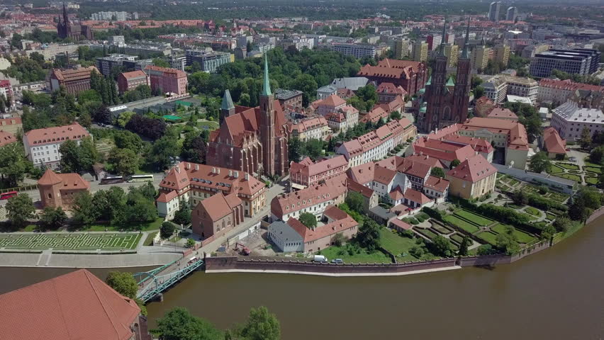 Aerial view of the oldest, historic part of Wroclaw called Ostrow Tumski, with John the Baptist Cathedral, Poland