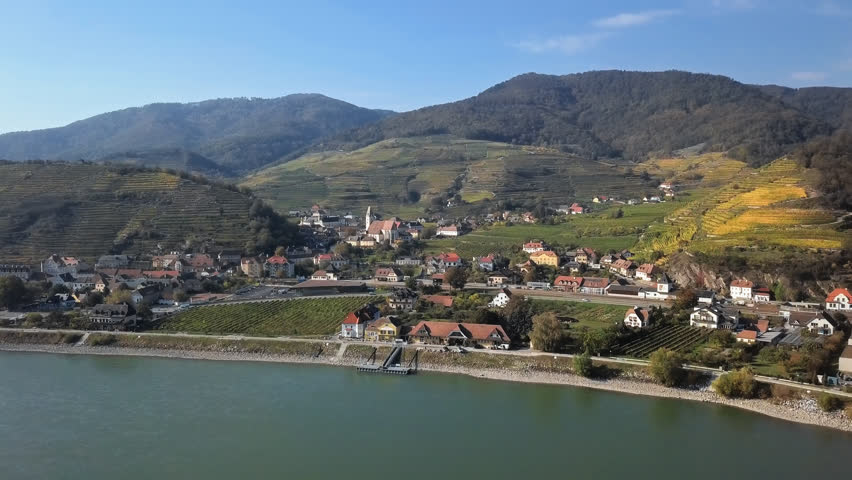 Aerial panorama of Spitz an der Donau town and vineyards. Wachau valley, Austria