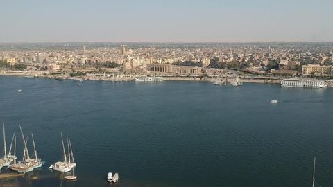 Drone footage of river Nile, Luxor temple and city Luxor in Egypt