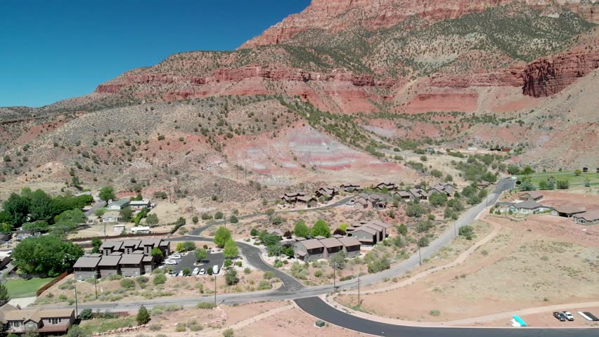 Zion National Park mountains aerial view, going down from a high viewpoint.