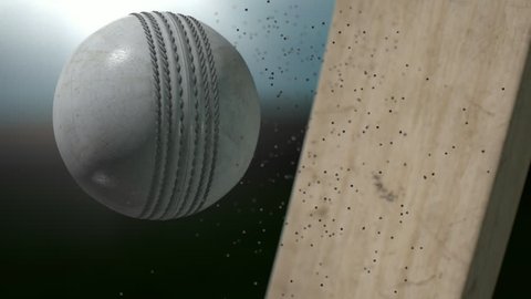 A ramped ultra motion close up of a white leather stitched cricket ball hitting a wooden cricket bat with dirt particles emanating from the impact at night