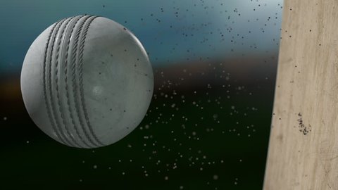 A ramped ultra motion close up of a white leather stitched cricket ball hitting a wooden cricket bat with dirt particles emanating from the impact at night