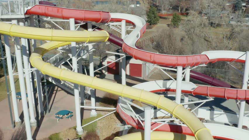 Aerial views of a water park that is closed for the winter season in Colorado