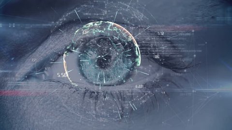 Digital composite of eye against animated globe with data connections in front against 