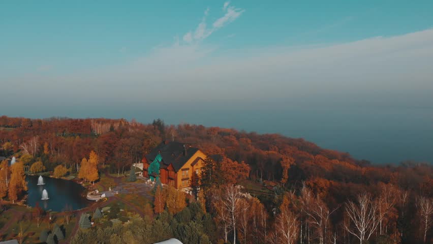 Mezhyhirya Residence, Ukraine, aerial fly above at autumn, 4k cinematic color