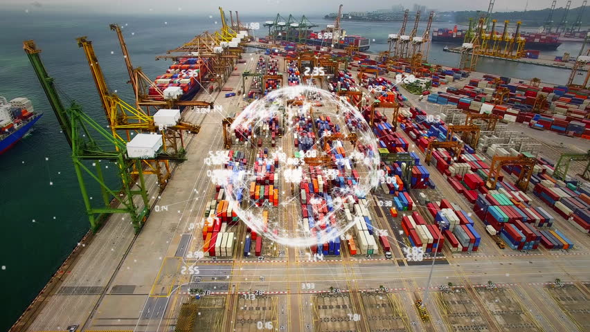 Digital composite of aerial view of shipping dock with rotating globe with data connections in front