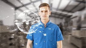 Young men looking at a digital earth with data on a big warehouse background - Powered by Shutterstock - Get 15% off with code: PIKWIZARD15