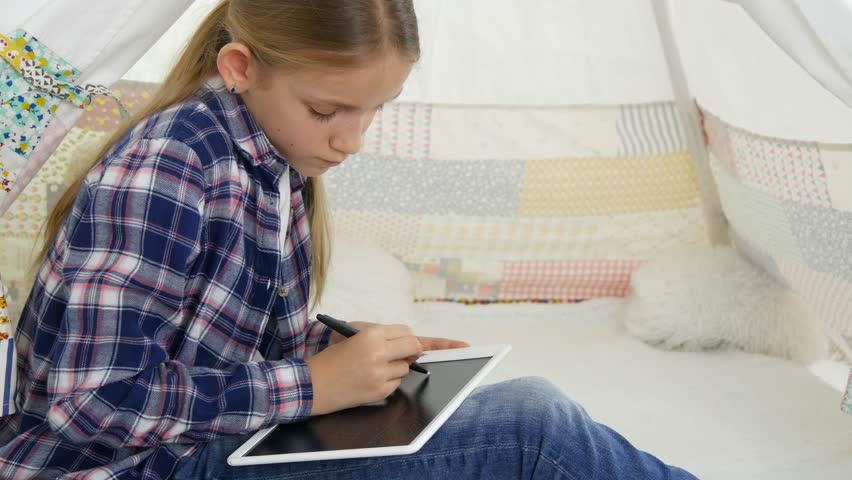 Child Studying, Kid Drawing using Tablet, Writing School Homework, Girl Playing